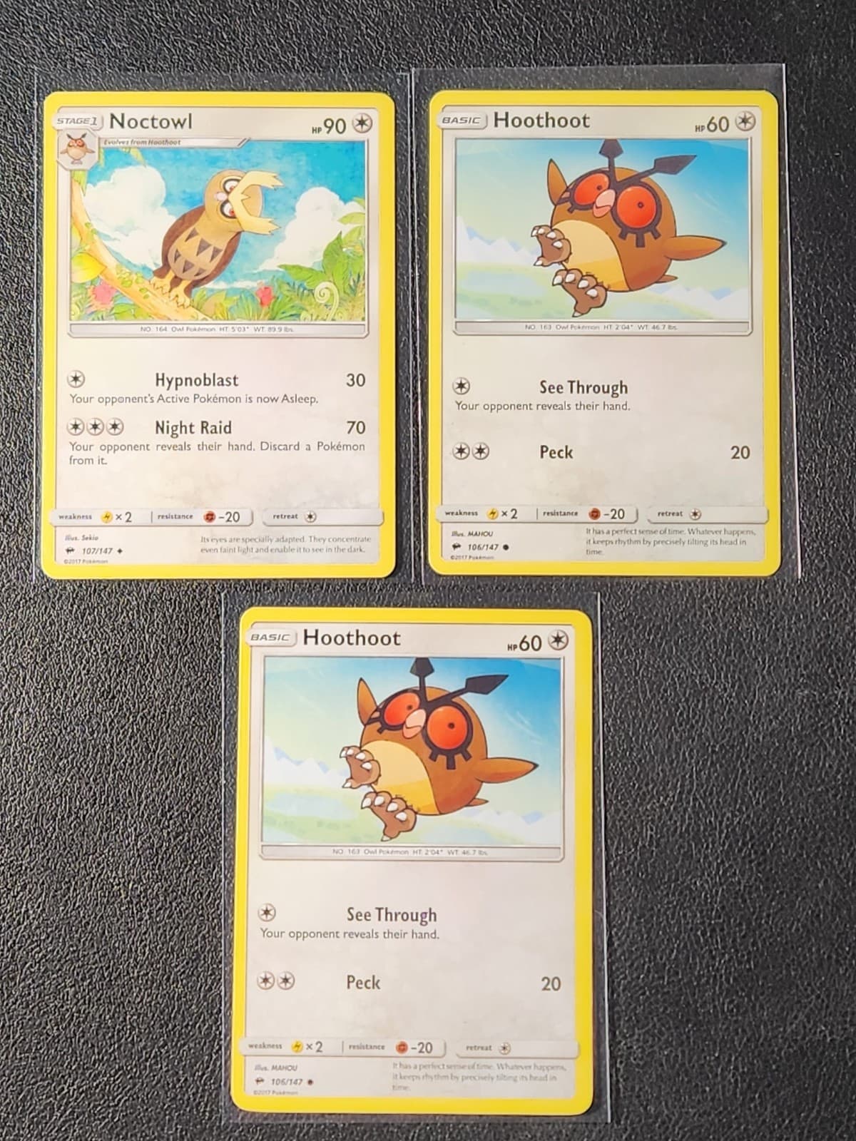 Listing photo for Noctowl 107/147 & 2x Hoothoot 106/147 Pokemon card SM Burning Shadows NM