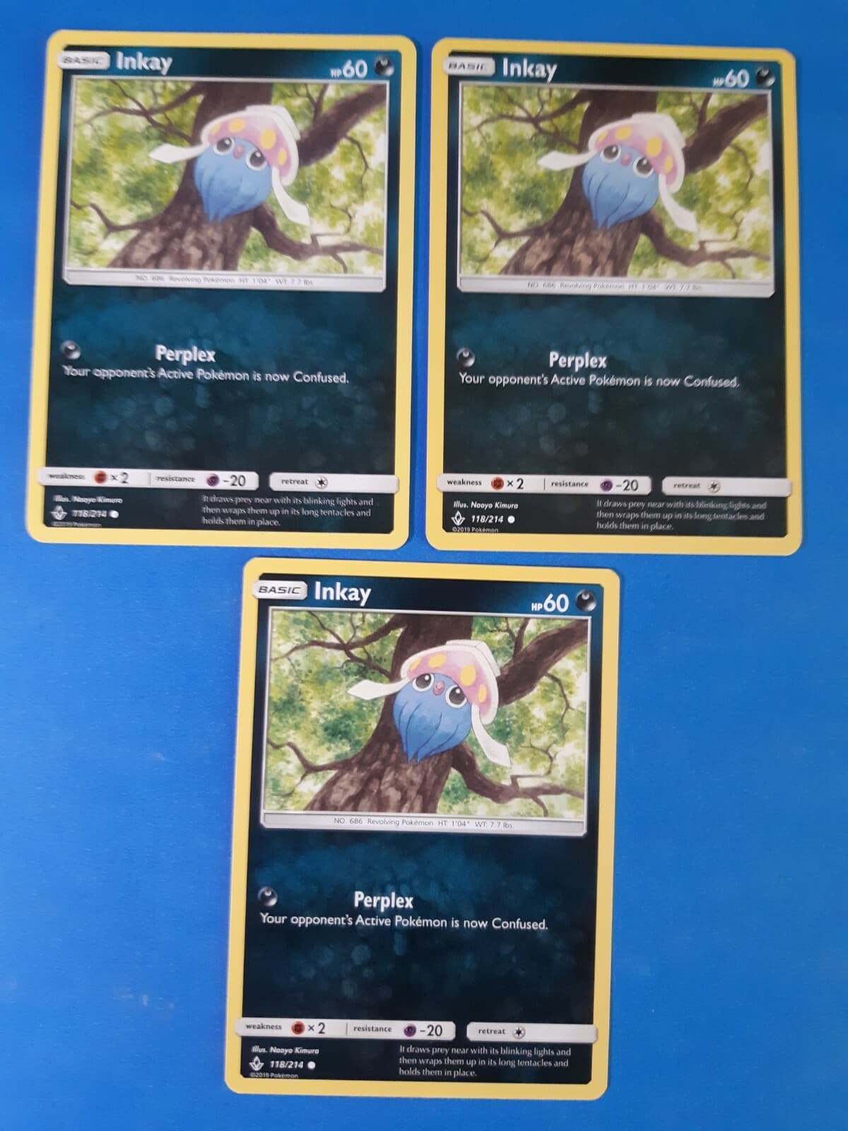 Listing photo for 3x Inkay 118/214 Pokemon card SM Unbroken Bonds common LP