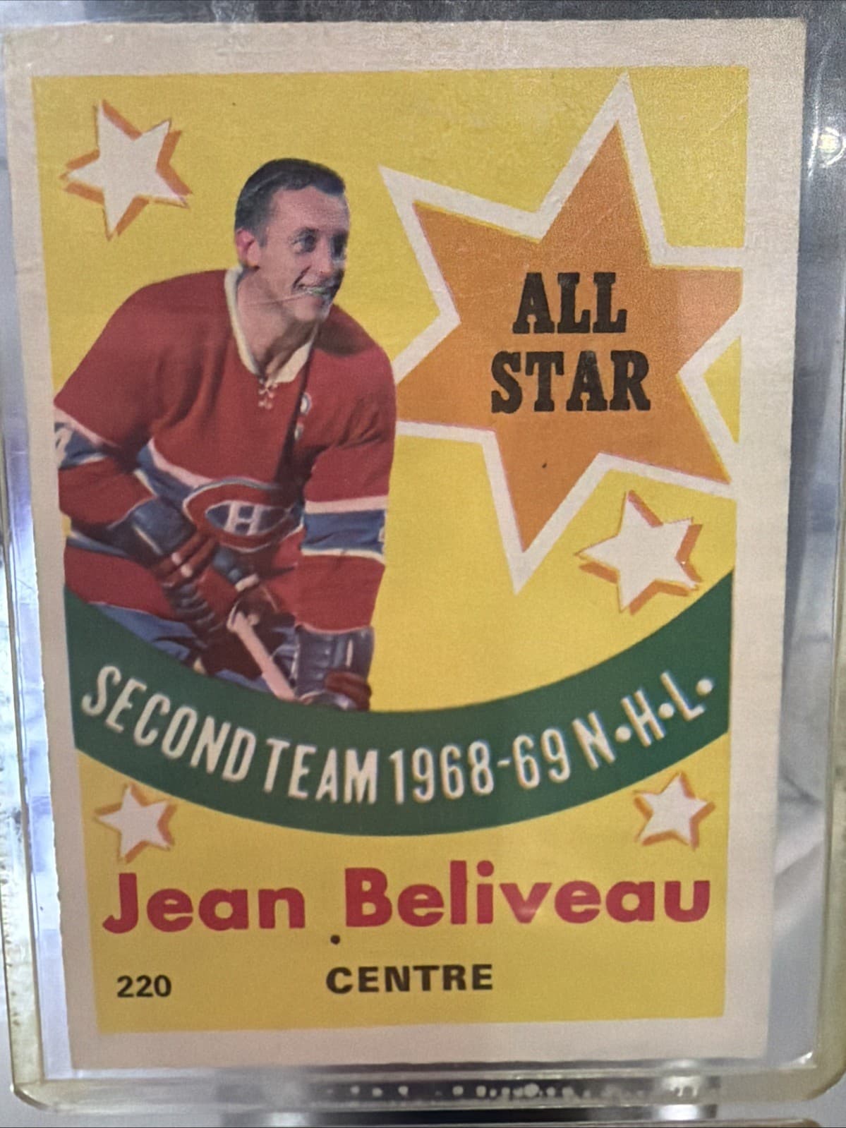 Listing photo for 1969-70 JEAN BELIVEAU AS #220 VG OPC Canadiens HALL OF FAME Star NHL Hockey Card