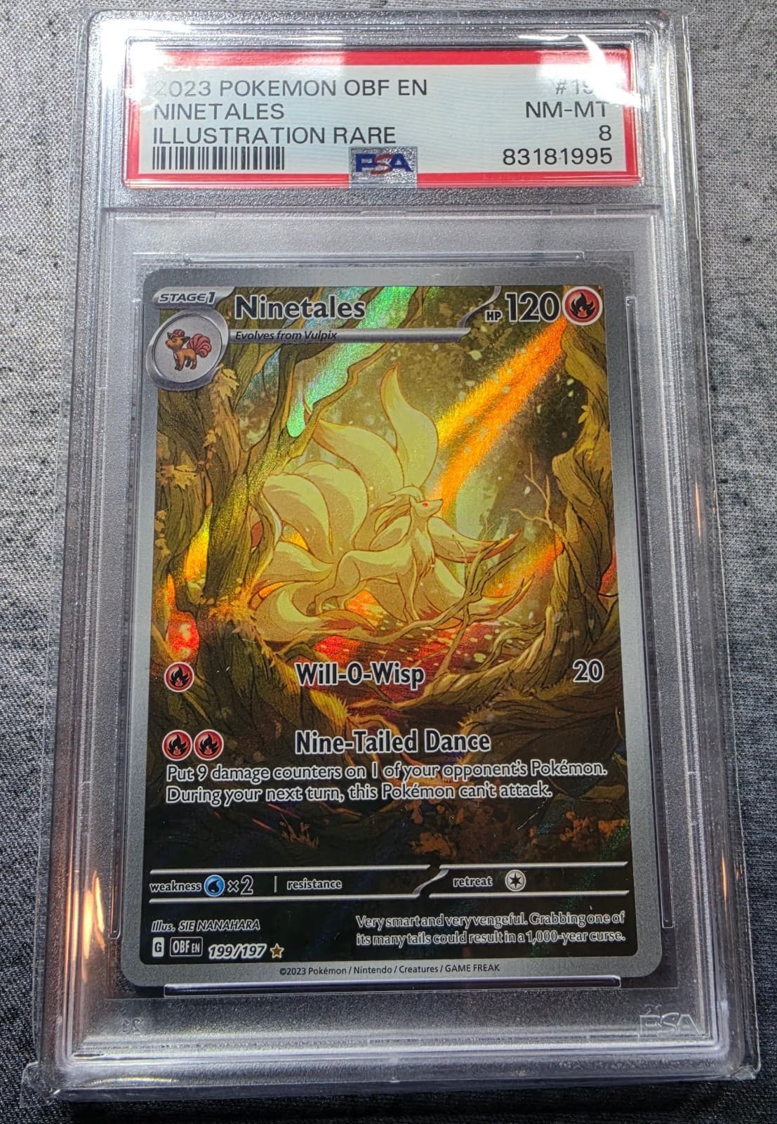 Listing photo for Pokémon TCG Ninetales SV03: Obsidian Flames 199/197 Holo Illustration Rare PSA 8