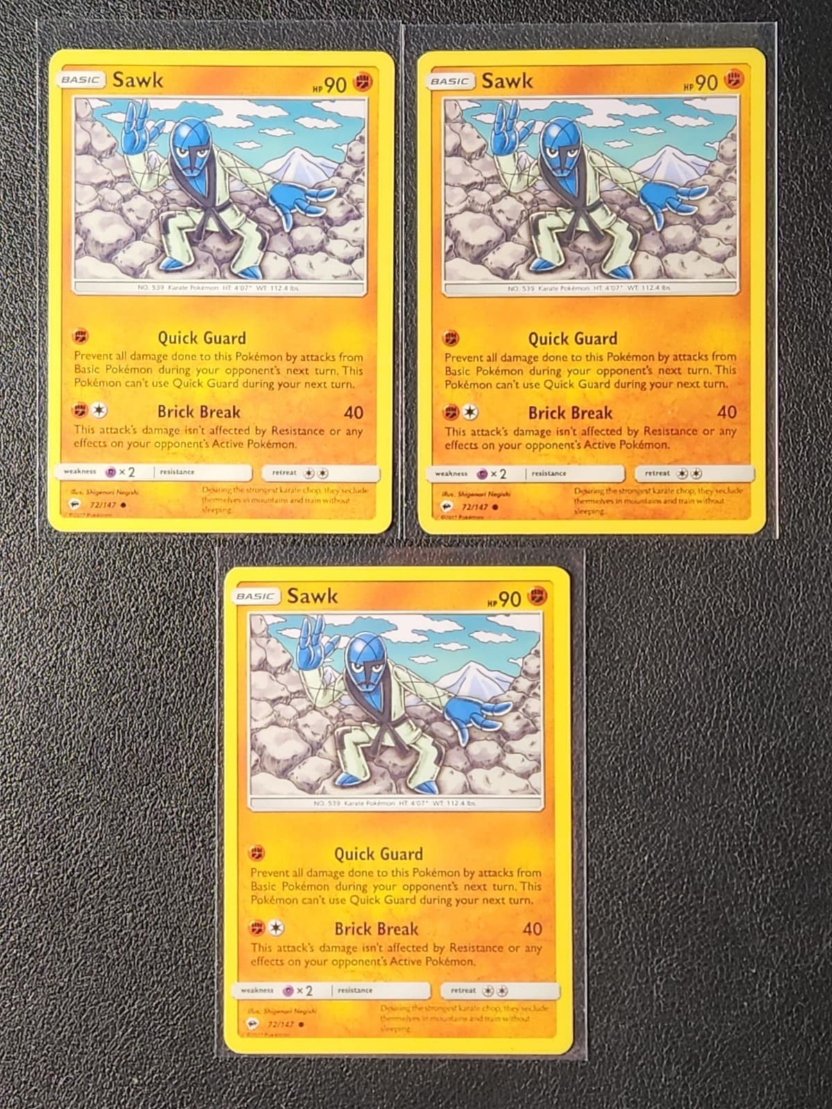 Listing photo for 3x Sawk 72/147 Pokemon card SM Burning Shadows common NM