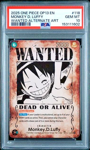 Listing photo for ONE PIECE MONKEY D. LUFFY 2025 OP13-CARRYING ON HIS WILL #118 WANTED AA PSA 10