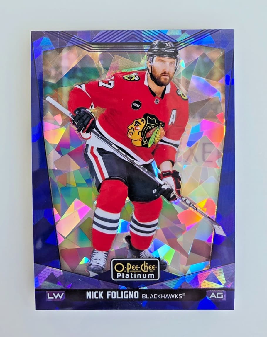 Listing photo for O-PEE-CHEE PLATINUM /125 BLUE FRAGMENTS 2024-2025 NICK FOLIGNO NHL HOCKEY CARD