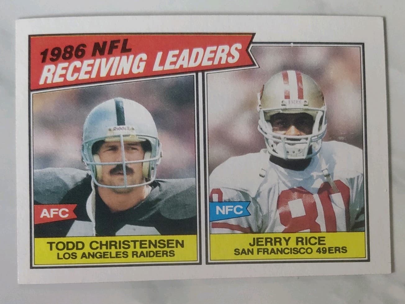 Listing photo for 1987 Topps NFL Card #228, Jerry Rice, 1986 Receiving Leaders