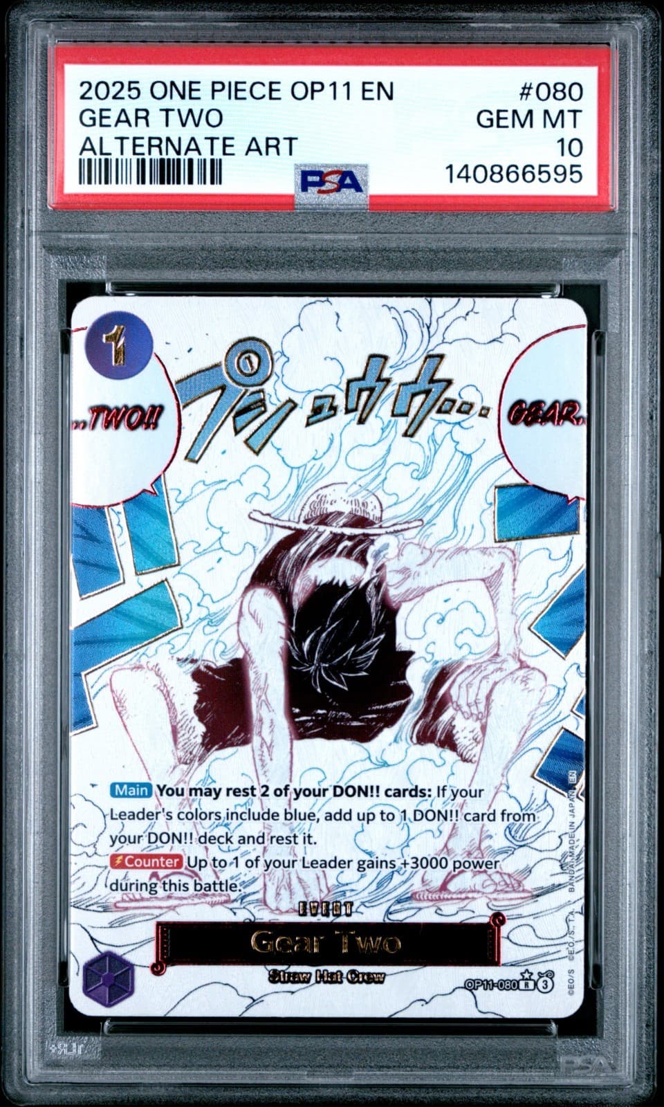 Listing photo for 2025 ONE PIECE GEAR TWO ALTERNATE ART OP11-A FIST OF DIVINE SPEED #080 PSA 10