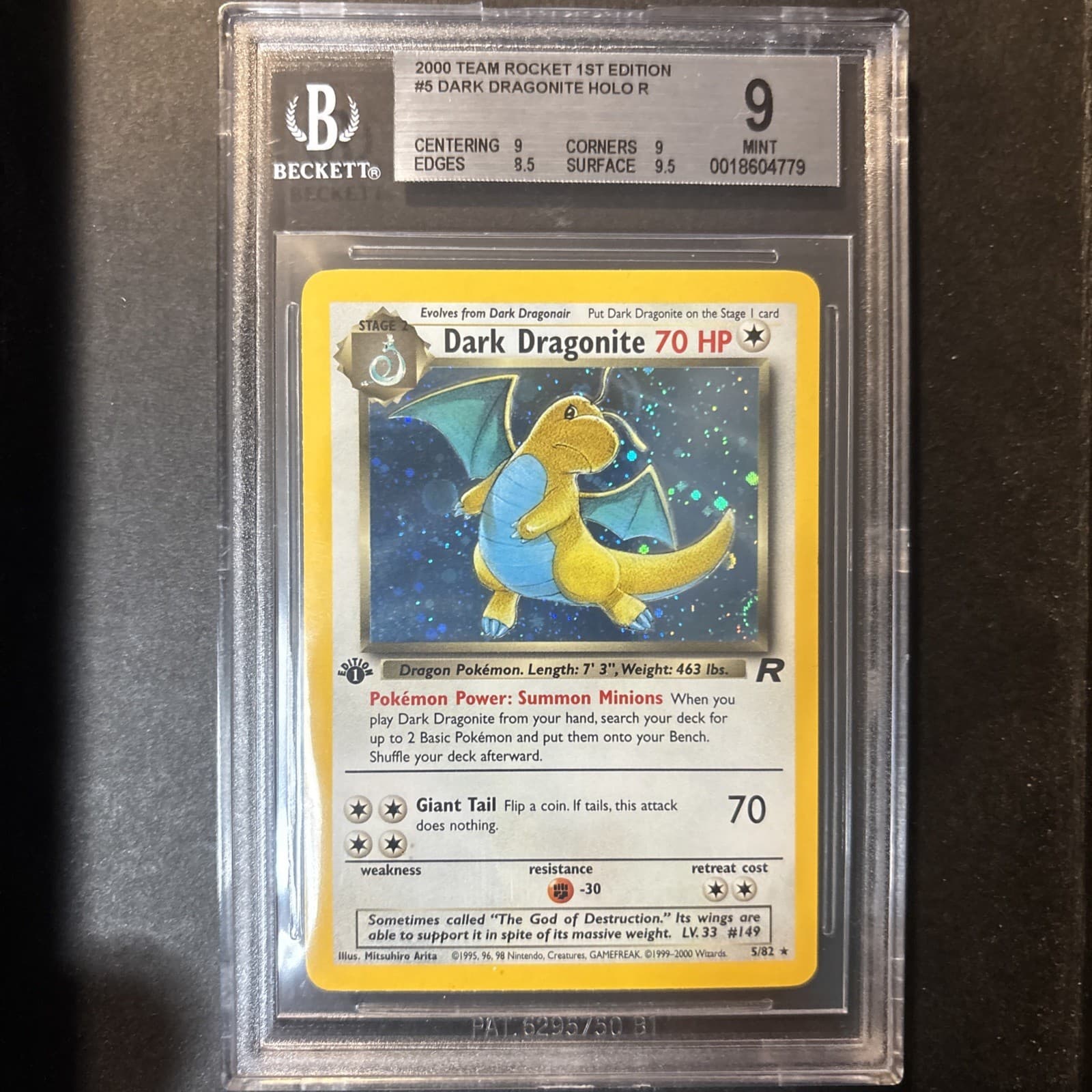 Listing photo for 2000 Pokemon Team Rocket 1st Edition Holo Dark Dragonite 5/82 SWIRL - Mint BGS 9