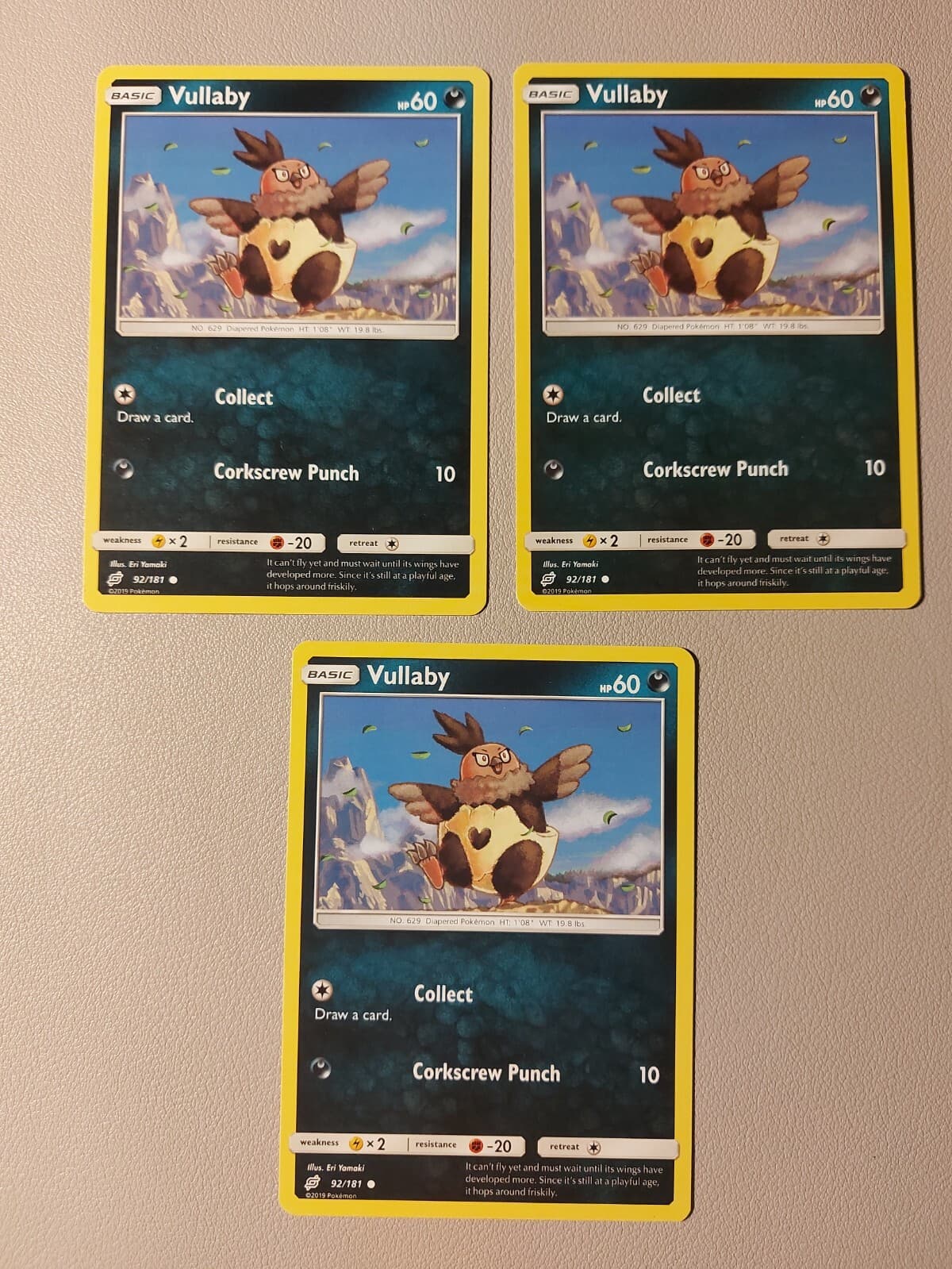 Listing photo for 3x Vullaby 92/181 Pokemon card SM Team Up common LP