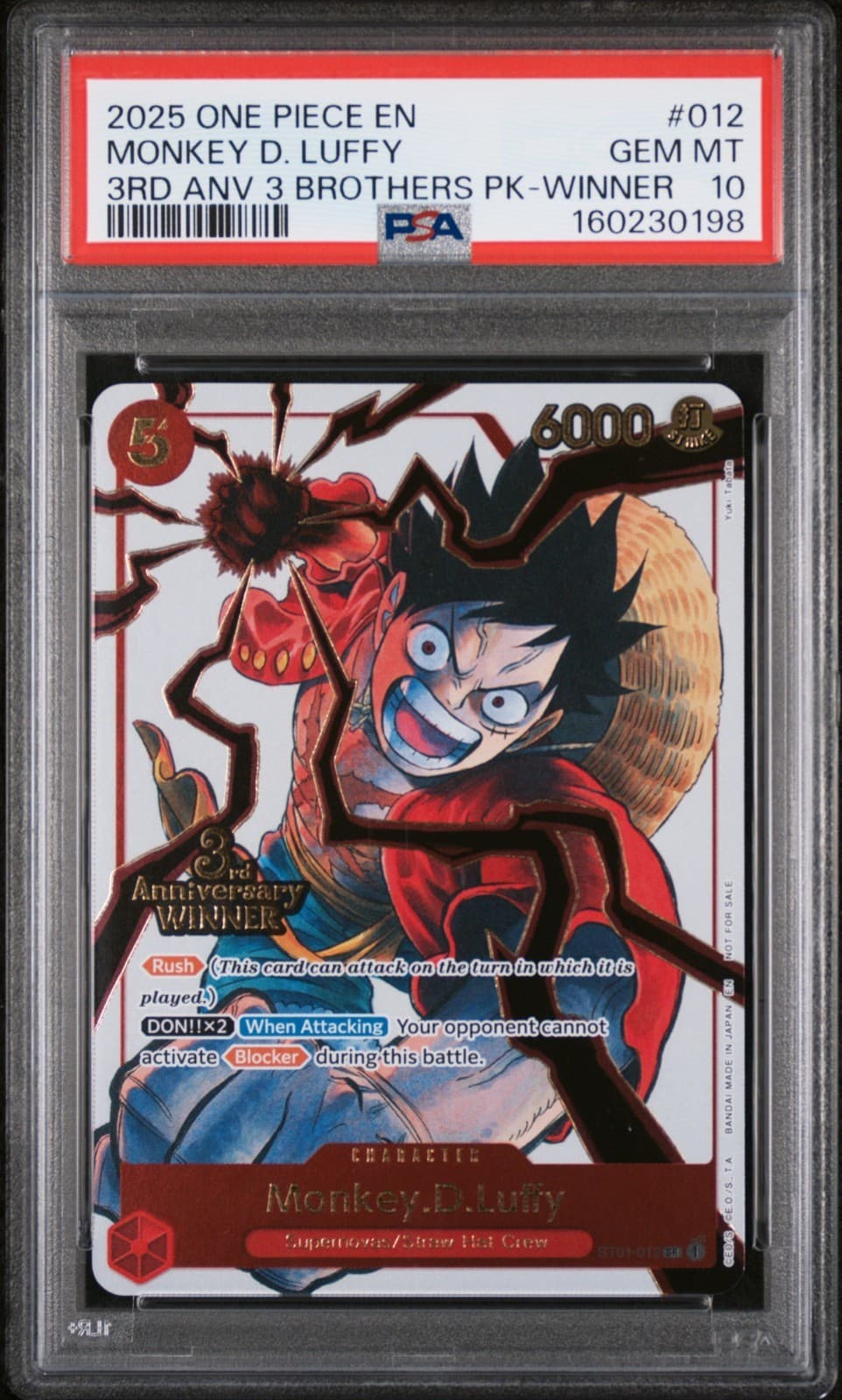 Listing photo for 2025 ONE PIECE MONKEY D. LUFFY 3RD ANV 3 BROTHERS PK-WINNER #012 PSA 10