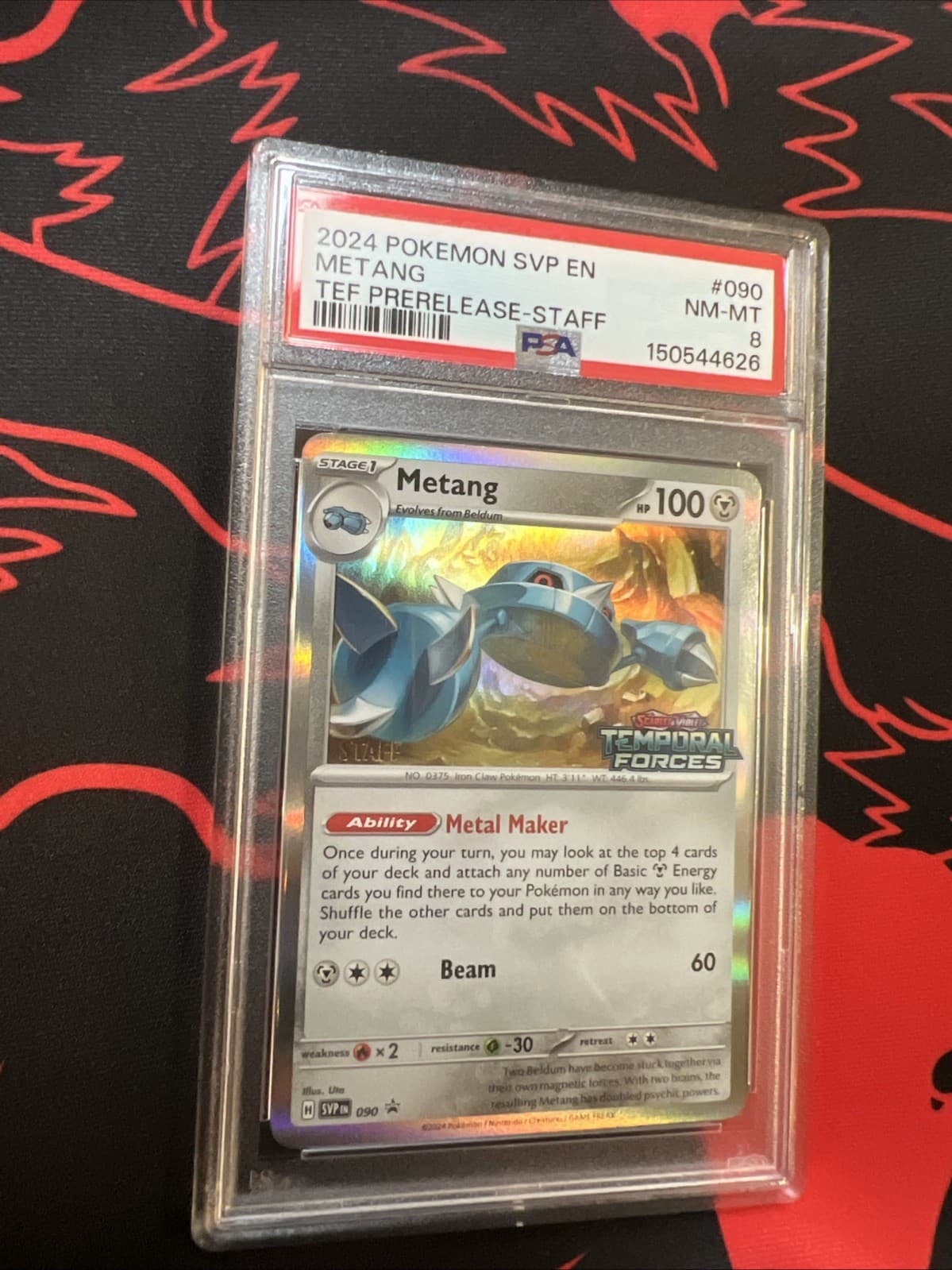 Listing photo for 2024 Pokemon: METANG SVP 090 - [Prerelease STAFF] [Temporal Forces] - Mint PSA 8