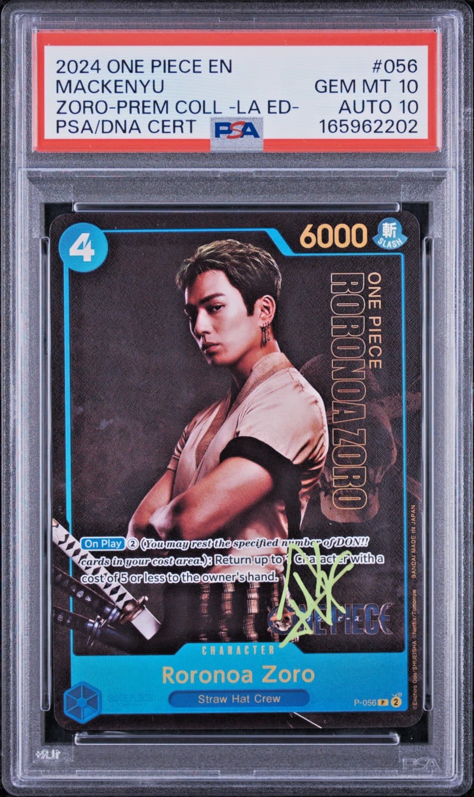 Listing photo for 2024 ONE PIECE MACKENYU ZORO-PREM COLL -LA ED- PREMIUM CARD #056 PSA 10 AUTO 10