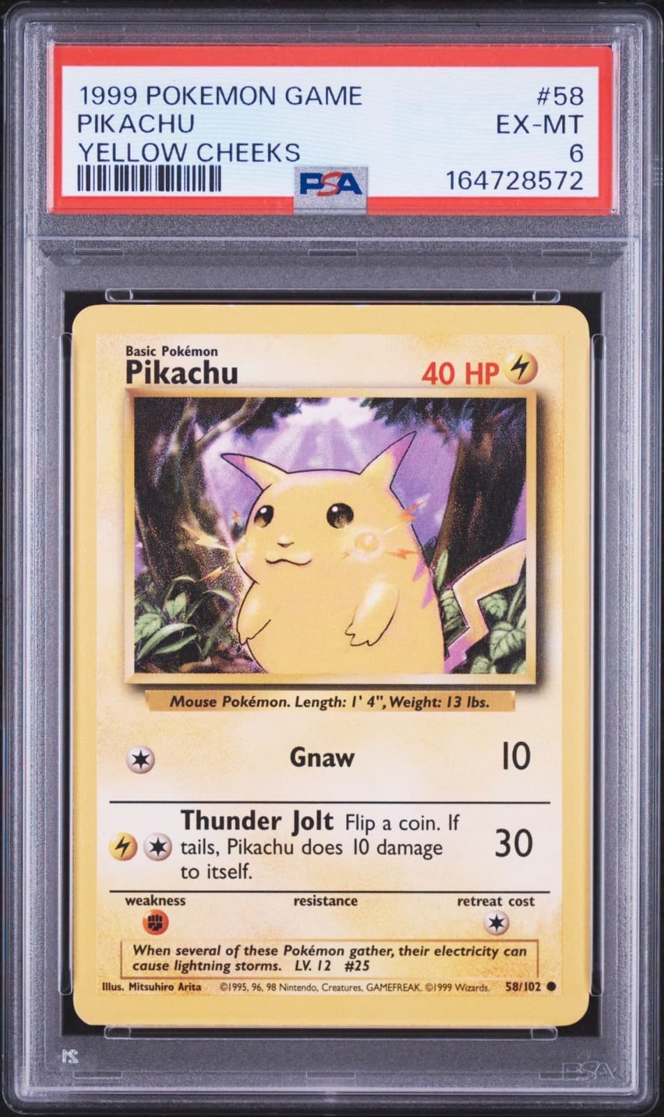 Listing photo for 1999 Yellow Cheeks Pikachu 058/102 Base Set – PSA 6