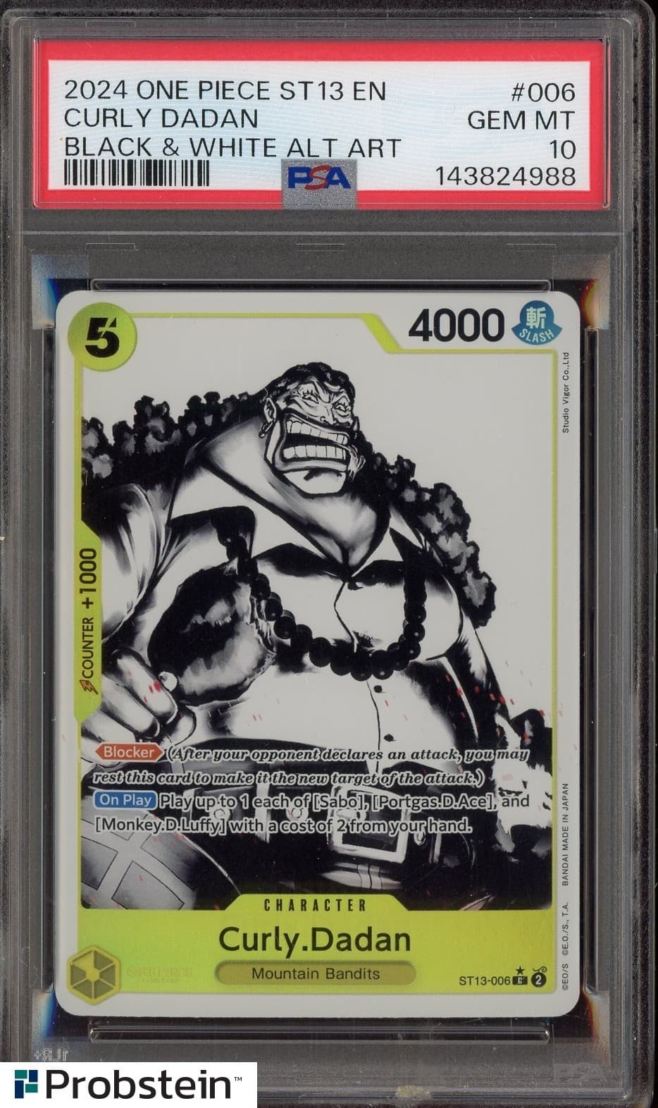 Listing photo for 2024 ONE PIECE ULTRA DECK ST13 #006 CURLY DADAN BLACK & WHITE ALT ART PSA 10