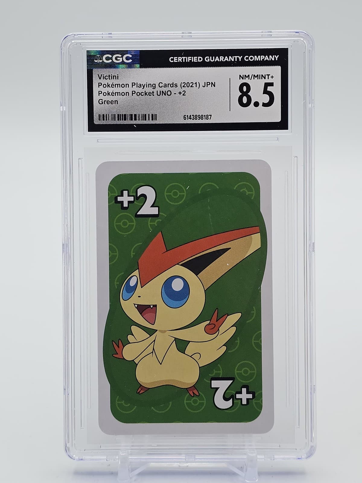 Listing photo for VICTINI 2021 POKEMON PLAYING CARDS JAPANESE POCKET UNO GREEN #+2 CGC 8.5