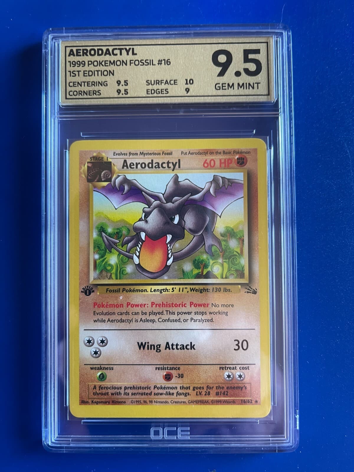 Listing photo for AERODACTYL 16/62 1st Edition Fossil Pokemon Card 1999 tcg wotc OCE GEM MINT 9.5