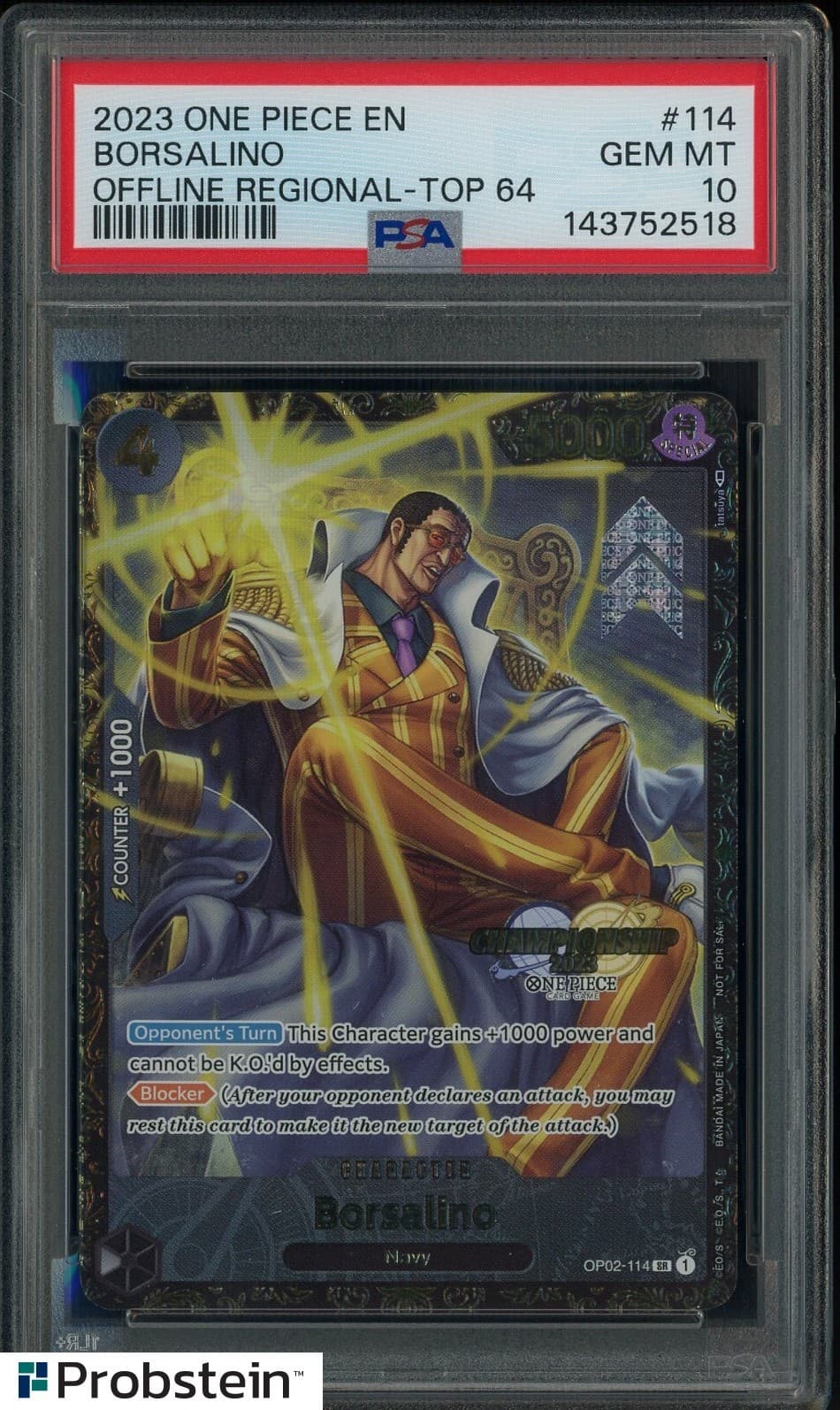 Listing photo for 2023 One Piece Promo Offline Regional #114 Borsalino Top 64 PSA 10 GEM MINT