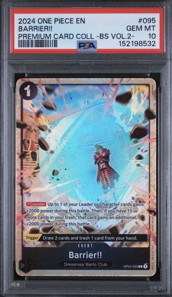Listing photo for 2024 One Piece EN Barrier!! OP04-095 Foil PSA 10 Best Sel Vol.2