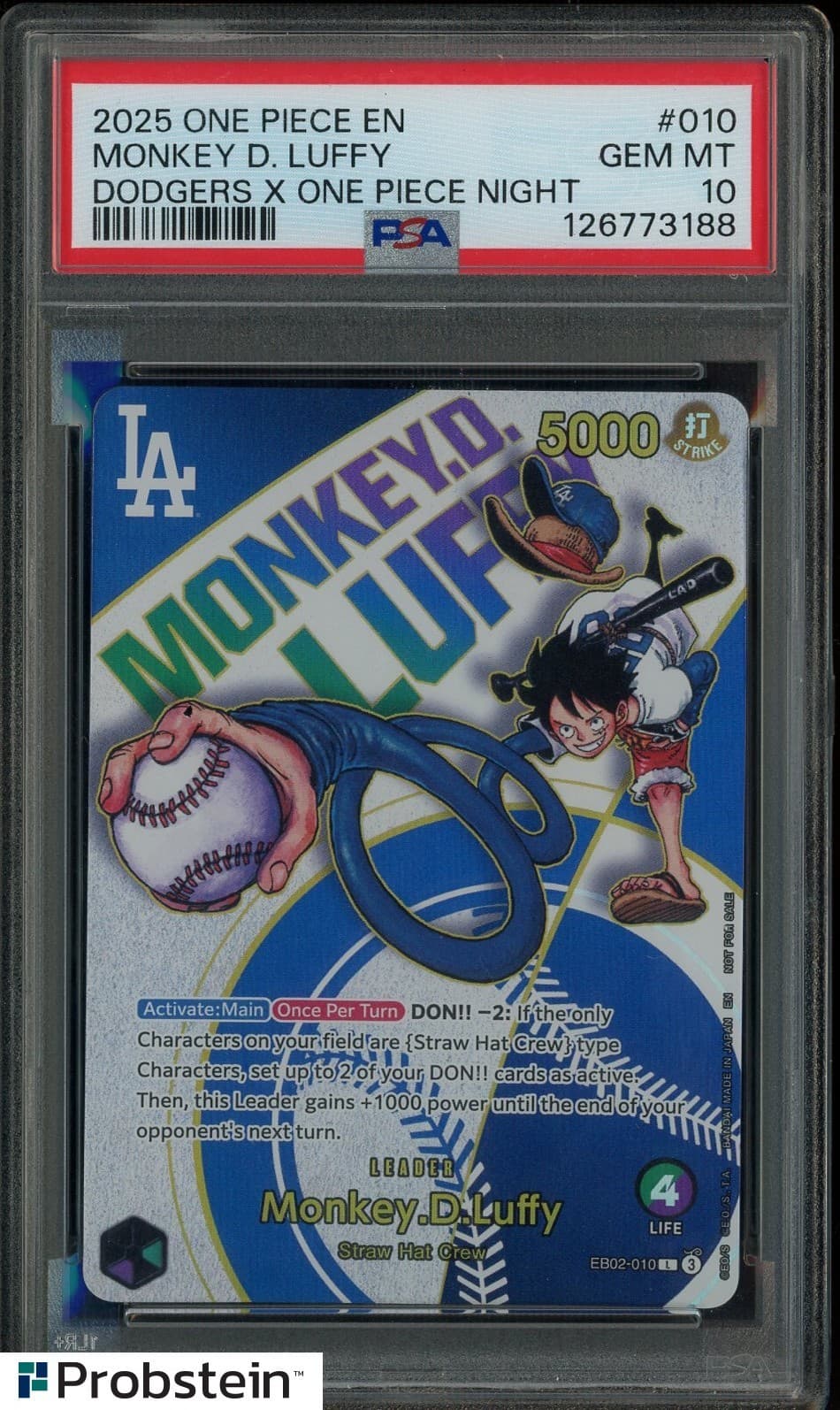 Listing photo for 2025 ONE PIECE PROMOS DODGERS X ONE PIECE NIGHT #010 MONKEY D. LUFFY PSA 10