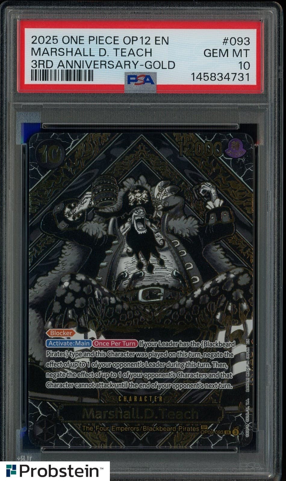 Listing photo for 2025 One Piece OP12 EN 3rd Anniversary Gold #093 Marshall D Teach PSA 10