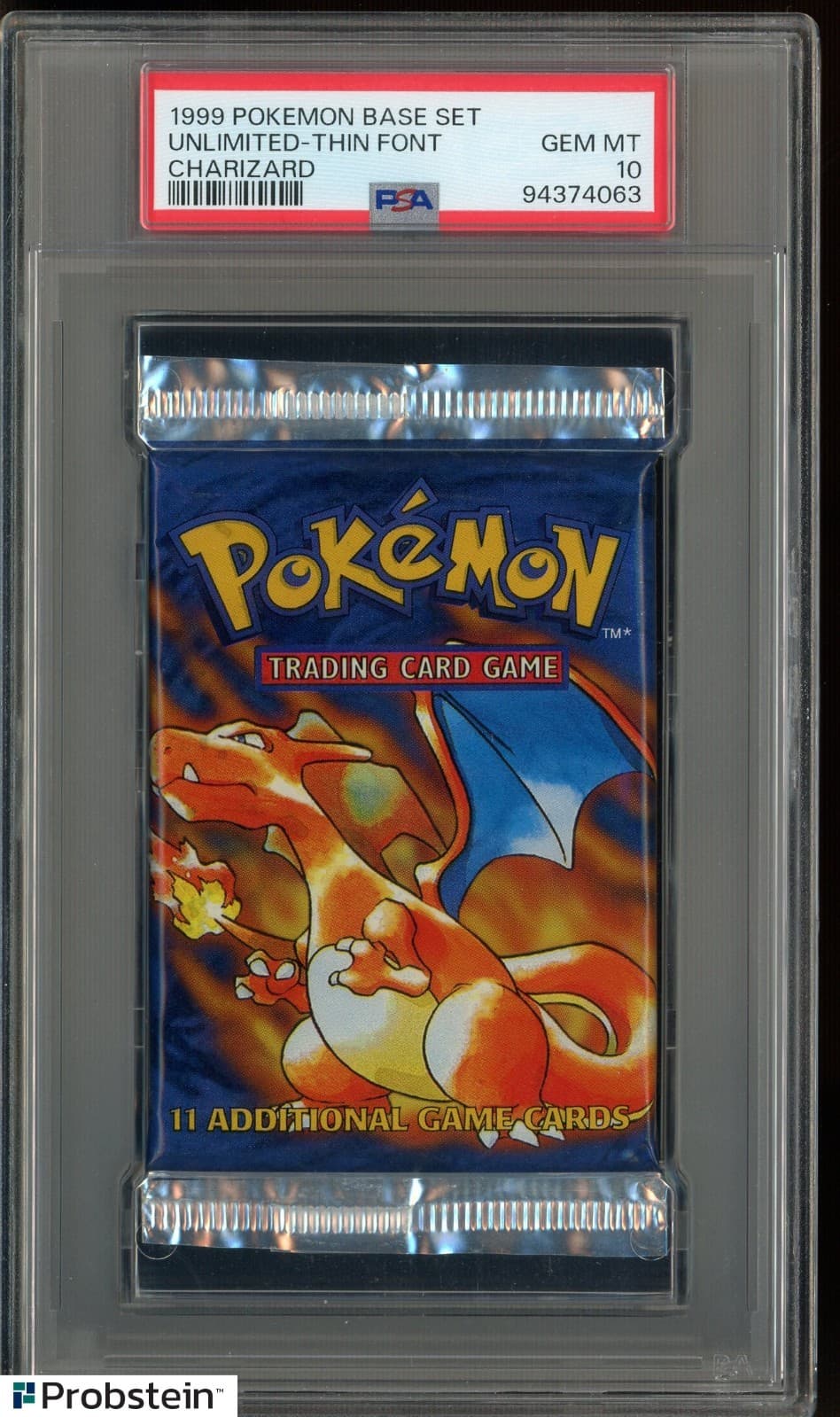 Listing photo for 1999 Pokemon Base Set Unlimited Foil Booster Pack Thin Font Charizard PSA 10