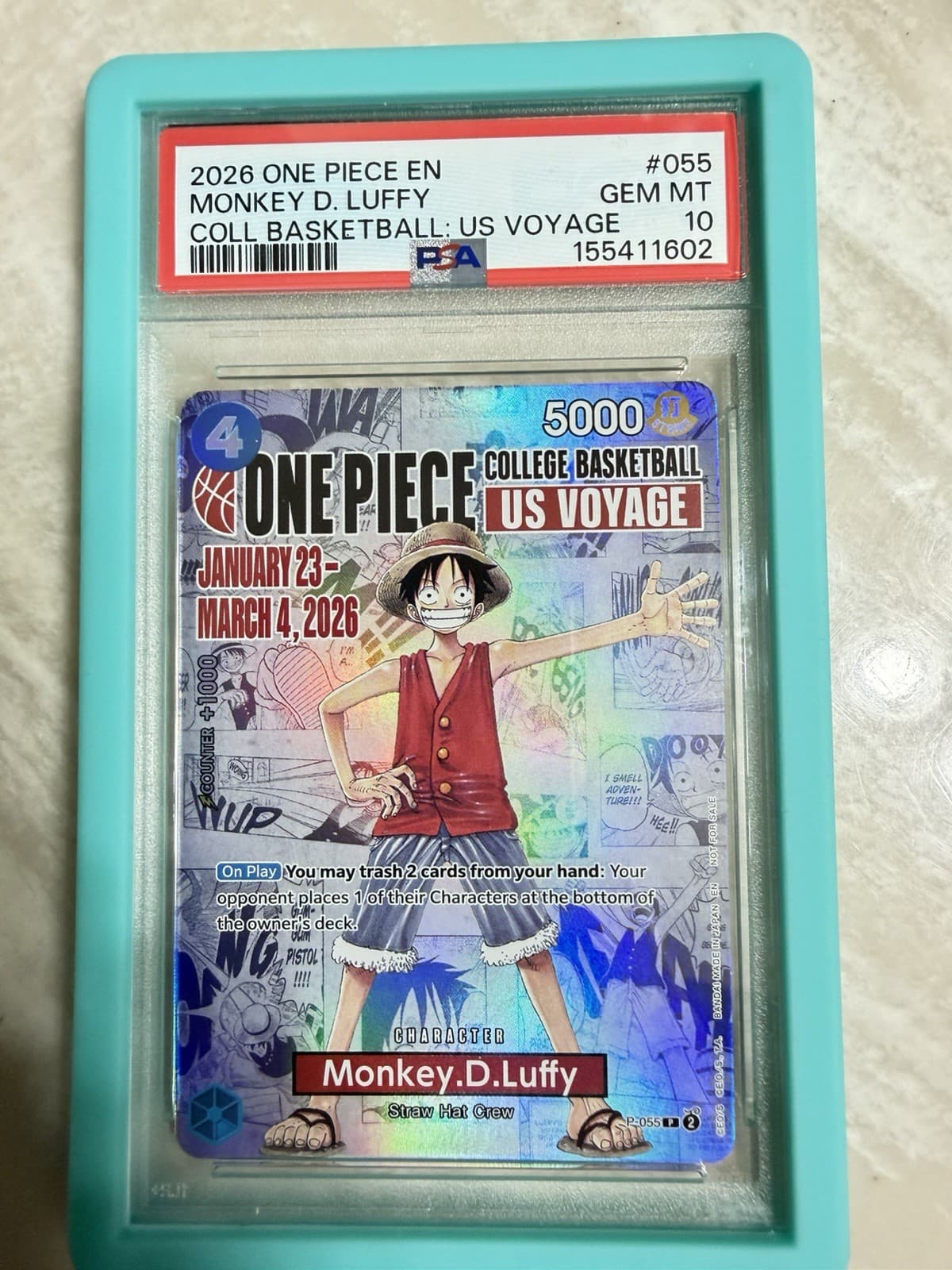 Listing photo for 2026 ONE PIECE COLLEGE BASKETBALL: US VOYAGE #055 MONKEY D. LUFFY PSA 10