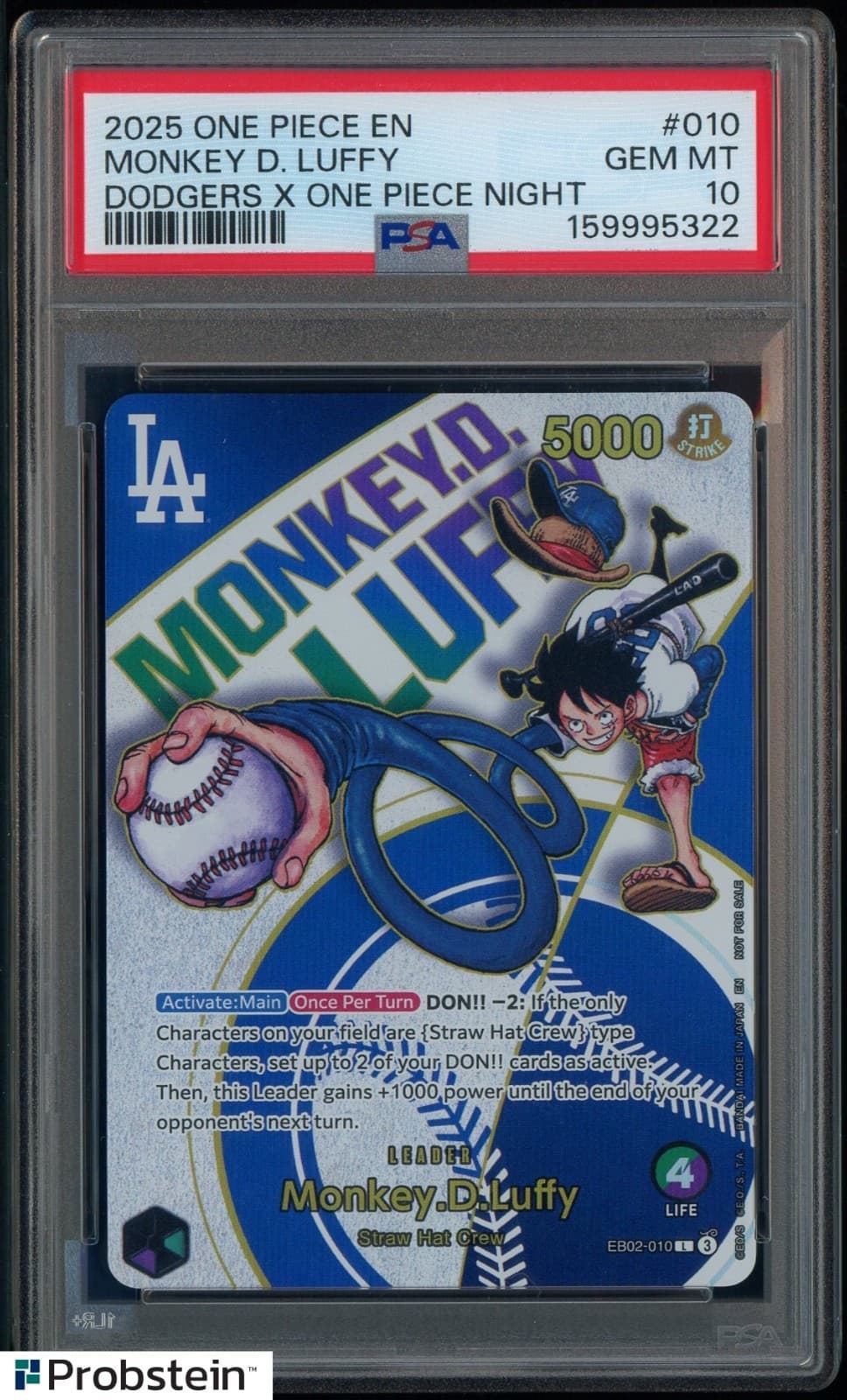 Listing photo for 2025 ONE PIECE PROMOS DODGERS X ONE PIECE NIGHT #010 MONKEY D. LUFFY PSA 10