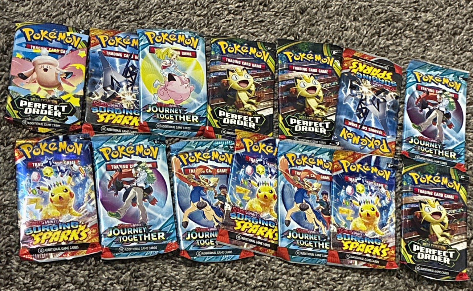 Listing photo for Pokémon TCG Perfect Order/Journey Together/Surging Sparks 14 Booster Packs