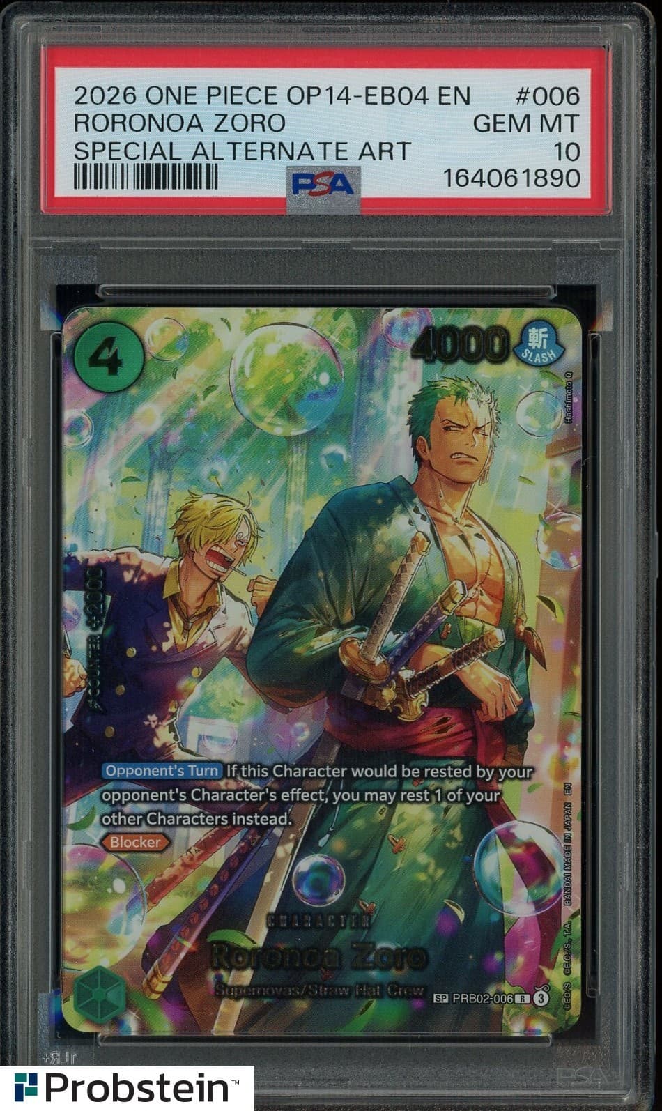 Listing photo for 2026 ONE PIECE OP14-EB04 AZURE SEA'S SEVEN #006 RORONOA ZORO SPECIAL ART PSA 10