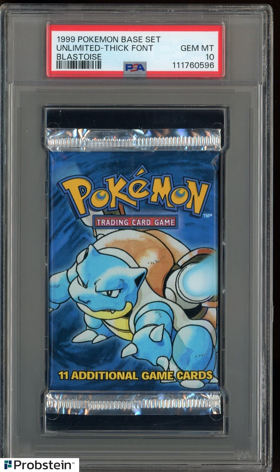 Listing photo for 1999 Pokemon Base Set Unlimited Foil Booster Pack Thick Font Blastoise PSA 10