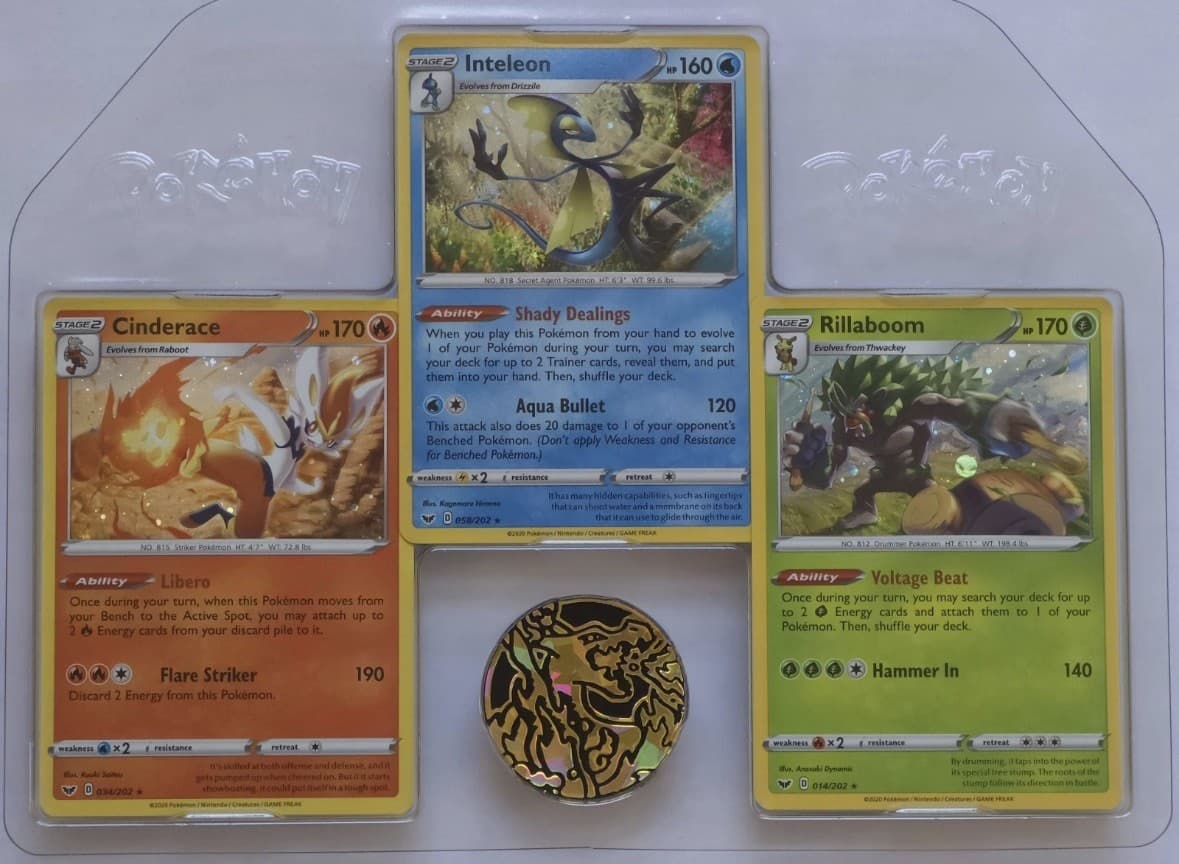 Listing photo for Pokemon Rillaboom Cinderace Inteleon Cosmos Holo Rare SWSH /202 + CHARIZARD COIN